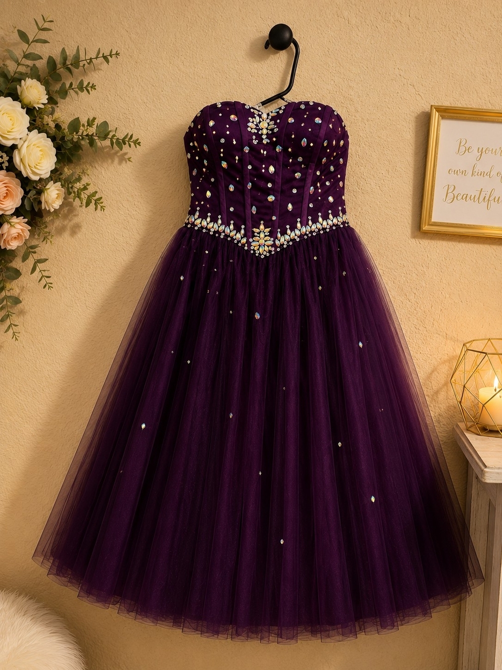 Strapless Purple Tulle Evening Dress with Crystal Embellishment